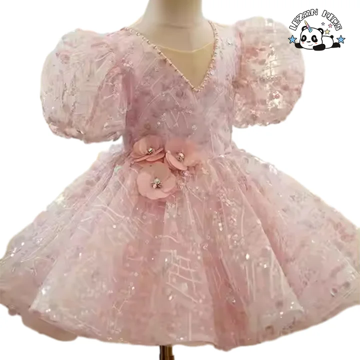 LEZONKIDS - Customizable Pink Princess Pattern Girl Dress Puff Sleeves Tulle Bow Ruffle Decorations Girl Dress